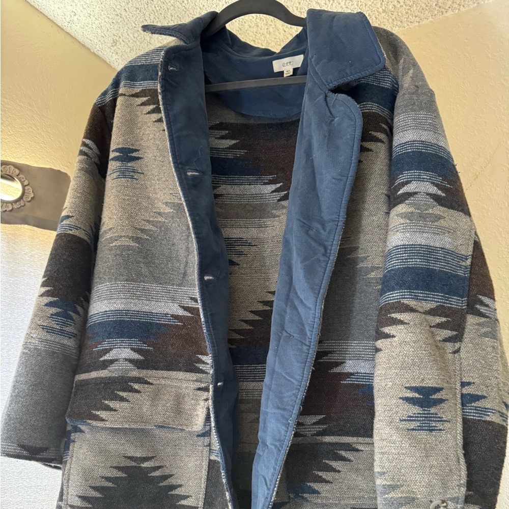 Native American Aztec Shacket Blue & Gray with pockets